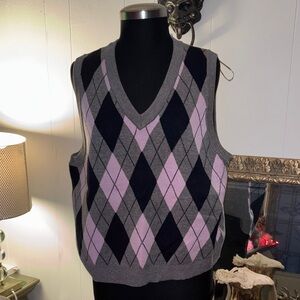 NWT Argyle V-Neck Sweater Vest - Gray and Pink XL